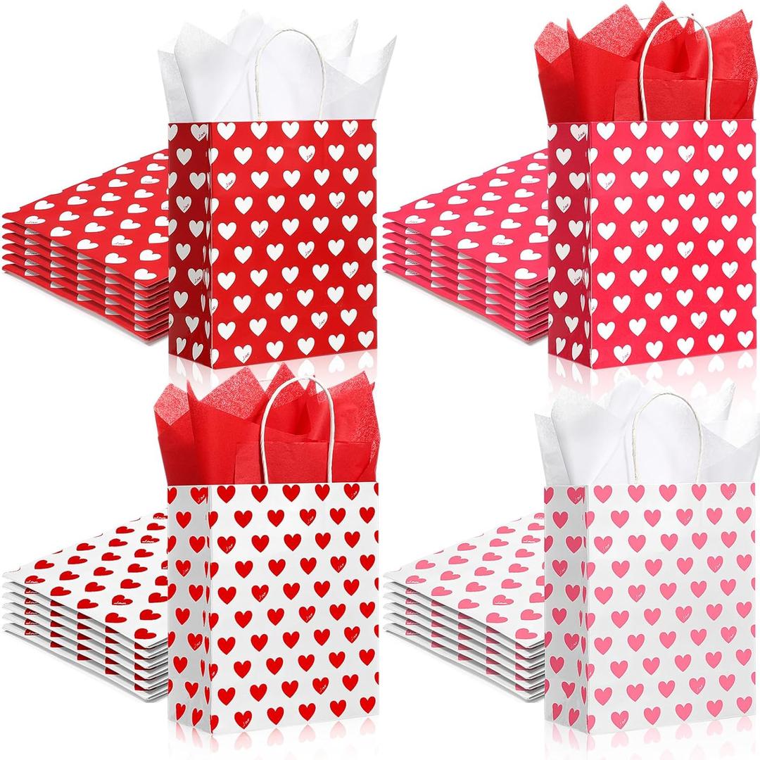 Thenshop 24 Sets Valentine's Day Gift Bags with Tissue Paper Valentine's Day Party Favors Bags with Handles Heart Paper Treat Goodie Candy Decor for Wedding Party Supplies