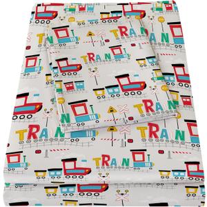 Boys Twin Sheets, Kids Train Soft Microfiber Twin Sheets & Pillowcases with Elastic Corner Straps, Red Blue