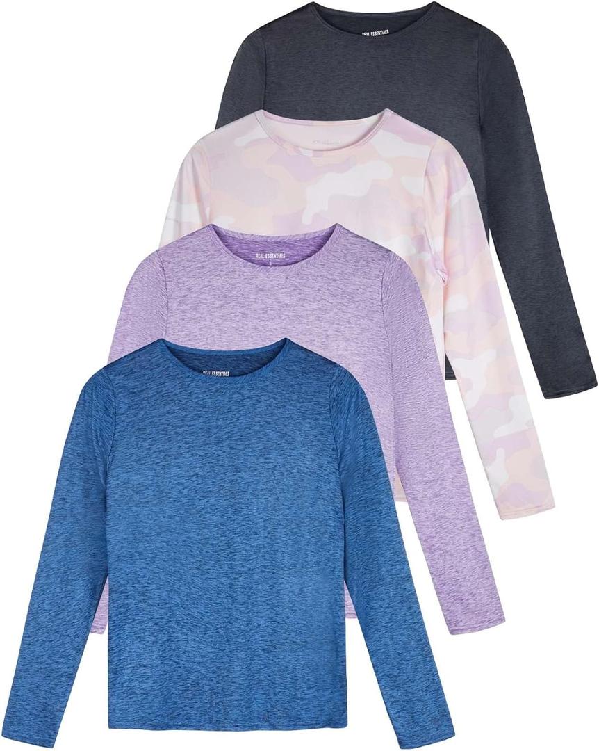 Real Essentials 4 Pack: Women's UPF 50+ Quick Dry Fit Sun Shirts Long Sleeve UV SPF Hiking Top Outdoor (X-Large)