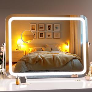 Hasipu Vanity Mirror with Lights, 18" x 14" LED Makeup Mirror, 3 Modes Light, Smart Touch Control Dimmable, 360Rotation, Rectangle White Frame, with 5X Magnifying Glass