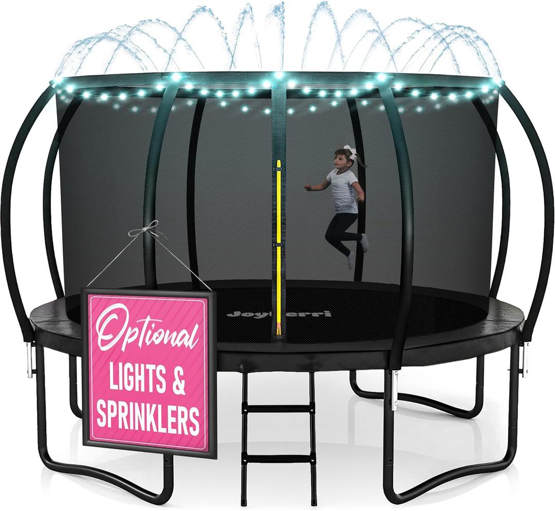 JoyBerri Trampoline Outdoor - Upsurge ASTM Certified Safe 14Ft  Recreational Trampoline for Kids and Adults. Anti-Rust Coating with Enclosure Net, Ladder, Sprinkler & LED Lights