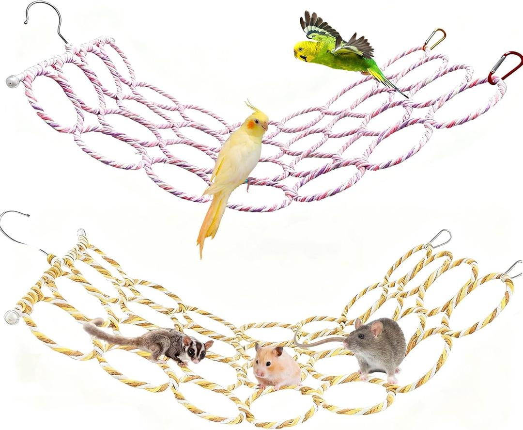 Bird Swing Climbing Rope Net Toys 14" x 24" Parakeet Hemp Rope Perch Swing Ladder Bridge Hanging Hammock Small Animal Activity Toy for Parrot Lovebirds Hamster Mice Rat Ferret (Random Color)(2 Pcs)