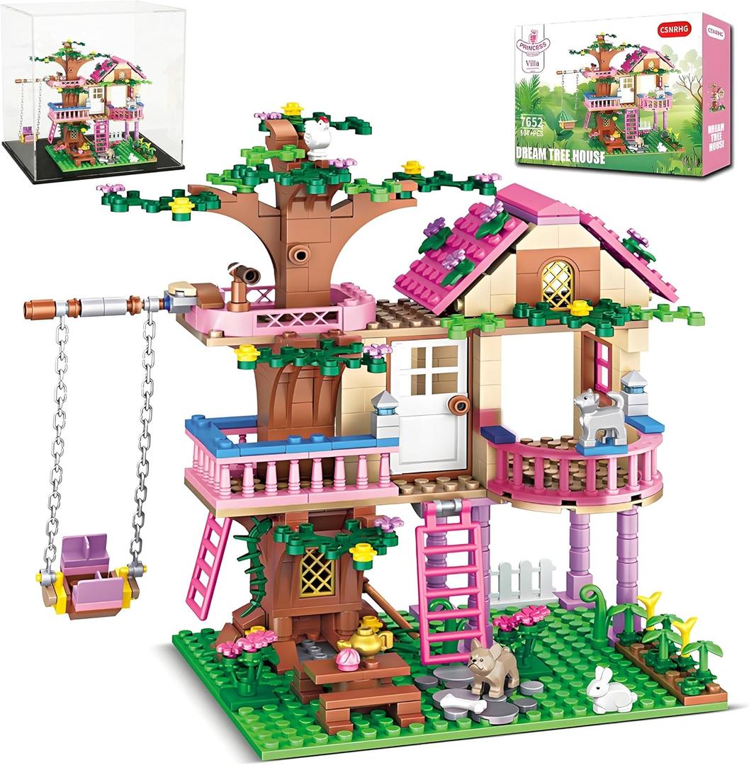 CSNRHG Dream Tree House Friends Building Set, Tree House Building Set Acrylic Protective Cover, Friendship Tree House with Swing Animals Flowers, 504 Pieces