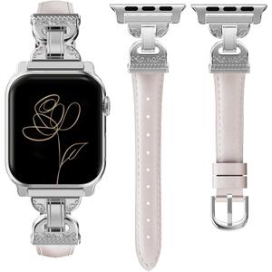 Slim Leather Band Compatible with Apple Watch Bands Women 38/40/41/42mm Dressy Thin Leather Strap with Designer Interlock Buckle for iWatch Series 10/9/SE/8/7/6/5/4/3/2/1, Starlight+Silver