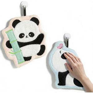 Hanging Hand Towels Coral Fleece 2-Pack, Quick Dry Highly Absorbent Soft Towels with Panda Print Embroidery for Kitchen Bathroom (Panda A)
