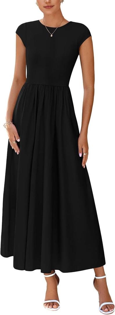 PRETTYGARDEN Women's 2025 Summer Casual Long Dresses Cap Sleeve Patchwork A Line Flowy Modest Elegant Homecoming Maxi Dress (Black, XL)