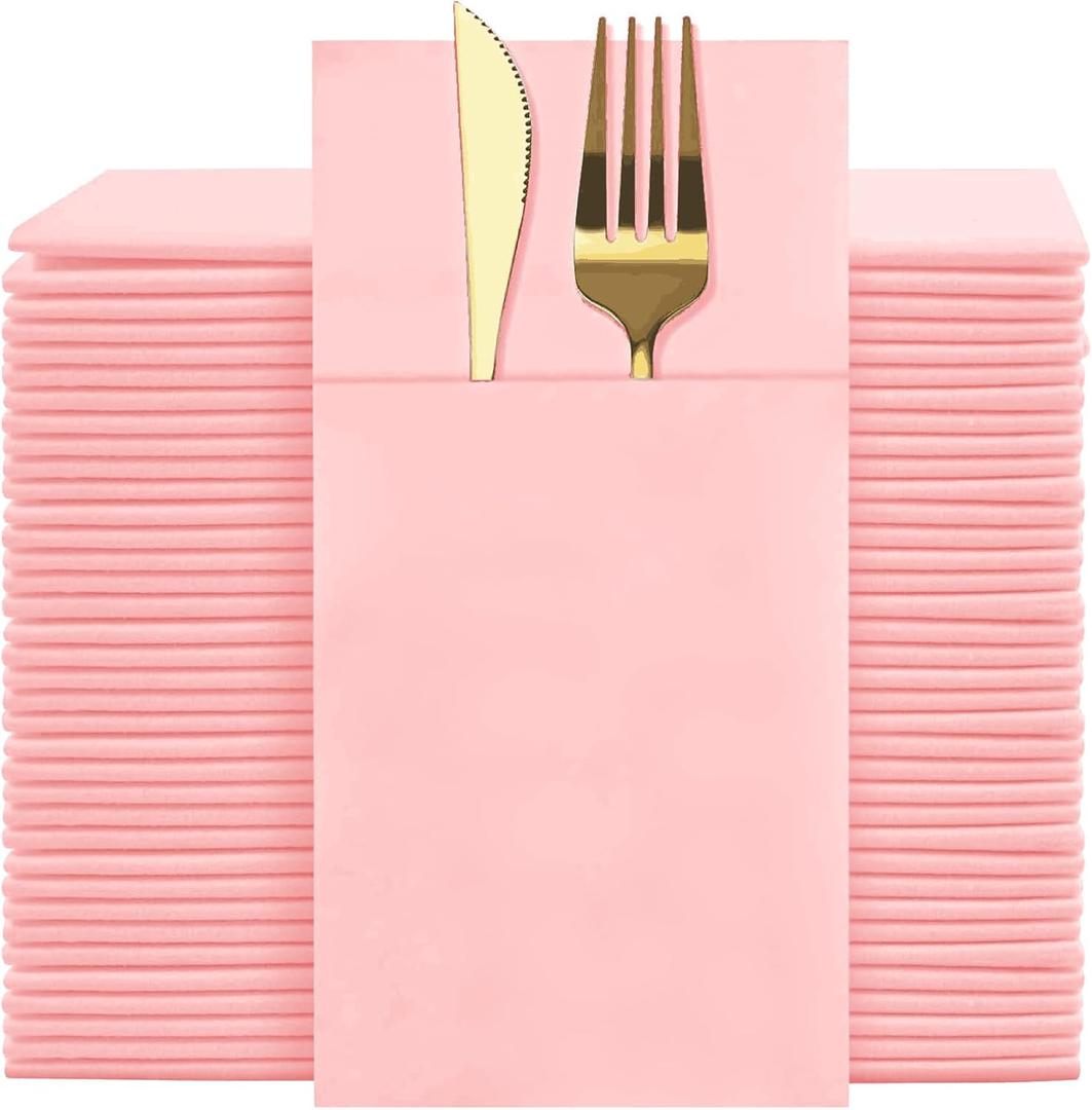 Pink Dinner Napkins Disposable - 50Pack Linen-Feel Paper Napkins with Built-in Flatware Pocket, Prefolded Cloth Like Paper Napkins Bulk For Dinner, Wedding, Party or Everyday Use(Pink)