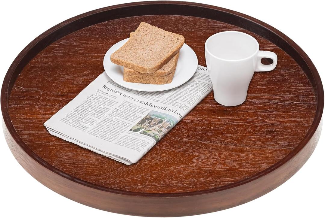 Extra Large Round Solid Wood Serving Tray, Classic Tea Coffee Table Wooden Decorative Ottoman Tray Server for Breakfast in Bed Snack Food Kitchen Party Bar, Raised Edge (19.7inch/50cm) Walnut