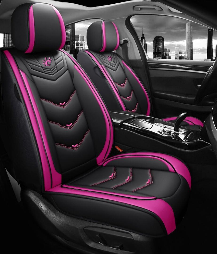 Comfortable Leather Auto Car Seat Covers Front & Rear Seat Protector Fit Sedan SUV 5 Seats Full Set Universal Fit (Black and Rose, Full Set)