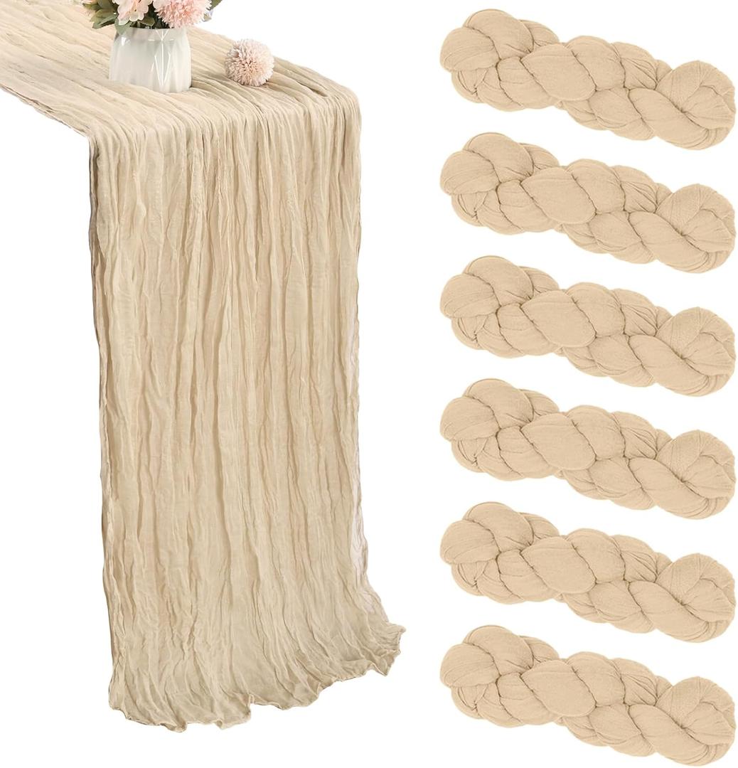 6 Pack Beige Cheesecloth Table Runner 35x120 Inch Gauze Rustic Boho Cheese Cloth Table Runner 10FT for Spring Wedding Decor Birthday Party Bridal Baby Shower Table Decoration