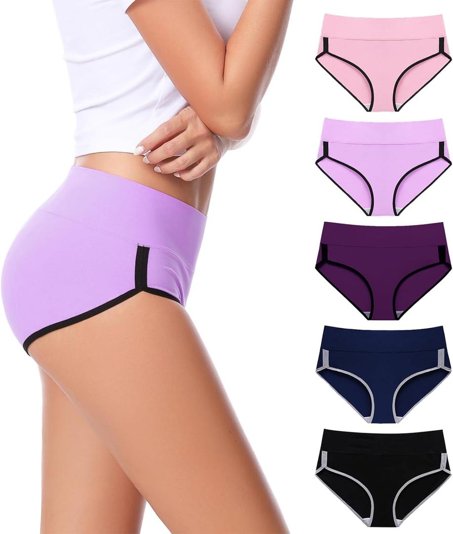 CAILECOTTON Women's Underwear Cotton High Waisted Hipster Panties Soft Stretch Breathable Everyday Brief 5 Pack (Large)