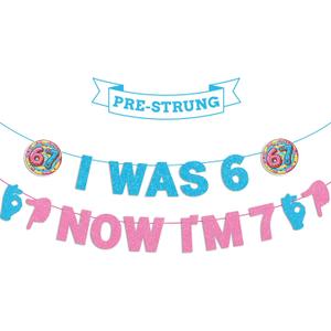 6 7 Birthday Decorations Banner Pre-Strung Pink and Blue Glitter Happy Birthday Banner for Party,The 6 7 Meme Hanging Decor with Doughnut Pattern for Boys and Girls Party