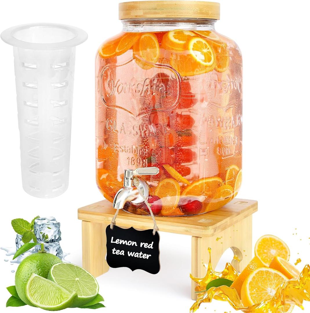 2 Gallon Drink Dispenser with StandGlass Beverage Dispenser With Wood Stand, 18/8 Stainless Steel Spigot and Labels Large Water Drink Dispensers for Parties, Lemonade,Juice, Tea