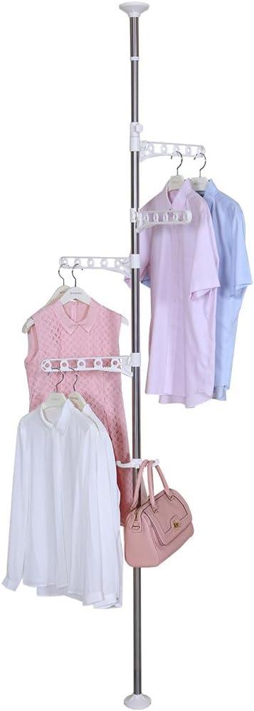Hershii Portable Indoor Garment Coat Drying Rack Free Standing Coat Stands Clothes Storage Hanger Telescopic Tension Pole DIY Floor to Ceiling Lundry Racks Organizer, Height Adjustable - Ivory (Ivory With 4 Arms & 1 Hook)