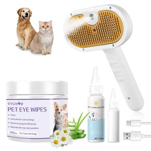 Pet Steam Brush for Dog & Cat 3-in-1 Spray Hair Removal Comb Steam for Shedding & Grooming Water Brush for Long & Short Haired Pets Spritz Defur Comb Includes Waterless Shampoo and Eye Wipes