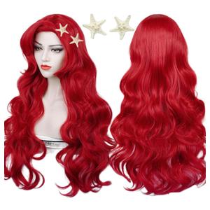 Red Curly Wig, Max Beauty Red Mermaid Cosplay Wigs for Woman with Starfish Hair Clips, Adult Long Hair Daily Wig Heat Resistant Synthetic Fiber for Halloween for Cosplay for Christmas (Red 1)