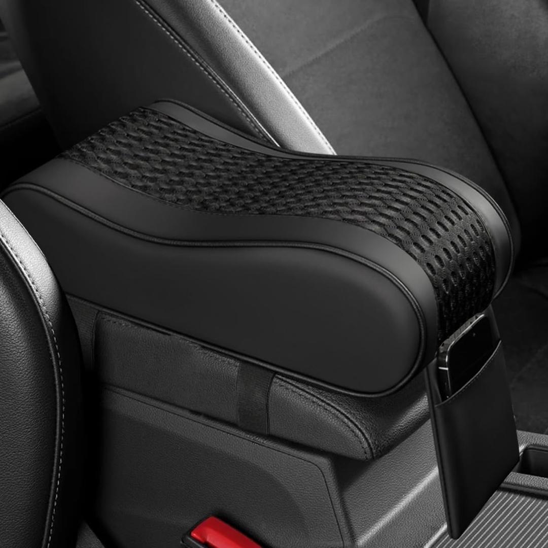 Car Armrest Cushion, Memory Foam Auto Center Console Armrest Pillow Pad with Storage Bag, Breathable Leather Car Middle Console Protective Pad with Phone Holder Relieve Elbow Pressure (Black)