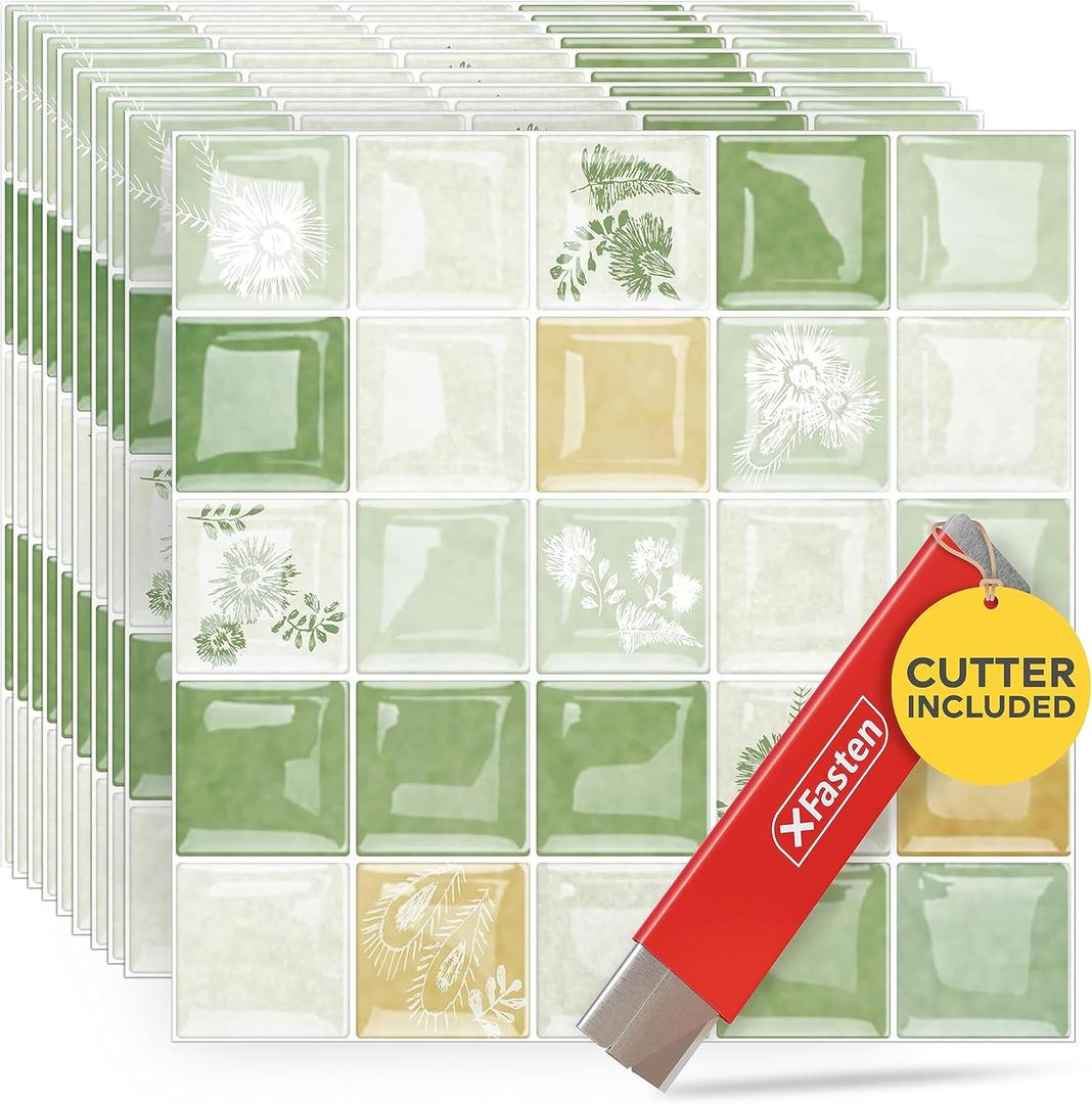 XFasten Square Peel and Stick Backsplash for Kitchen 10pcs 12 x 12 + Cutter Ornamental Tile Peel and Stick Tiles Stick on Self Adhesive Backsplash Tile for Kitchen and Bathroom