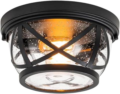 Flush Mount Ceiling Light Fixture Black, 2-Light Modern Farmhouse Porch Light Ceiling Mount for Outdoor, Indoor Flush Mount Lights Fixture for Hallway Foyer Kitchen Bathroom with Seeded Glass