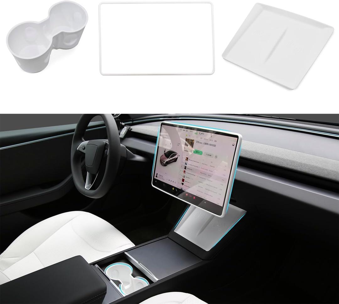 3PCS Center Console Accessories for Tesla New Model Y Juniper 2026 2025 Model 3 Highland 2024 Cup Holder Insert, Screen Edge Protector Frame, Wireless Charger Mat Silicone, White