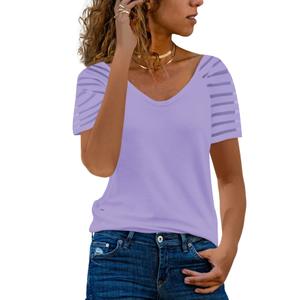 AISEW Womens Short Sleeve V Neck T-Shirt Striped Sheer Mesh Raglan Tees Loose Casual Tops (1199Purple, Small) (Purple, S)