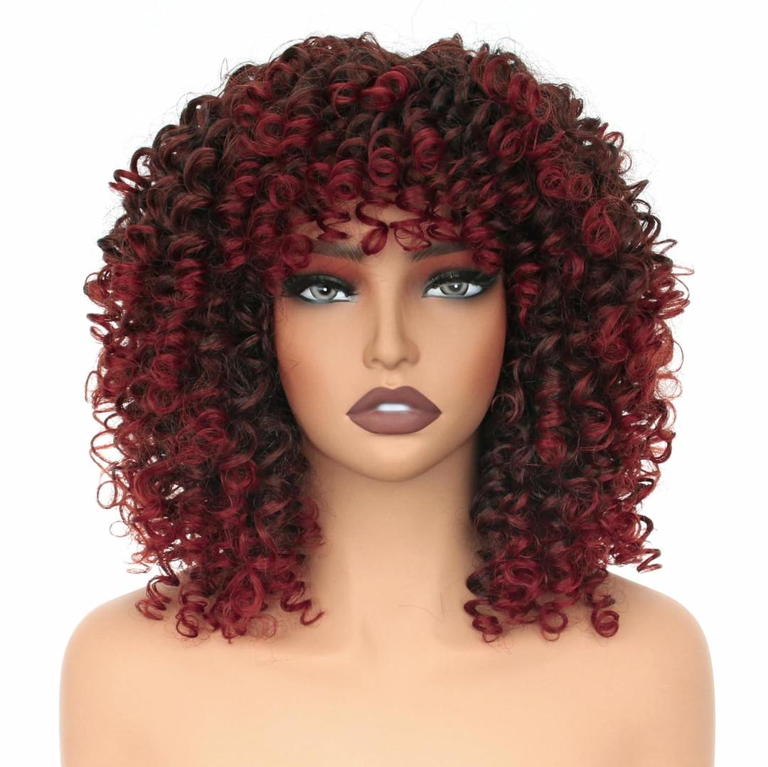 14 inch Afro Curly Wigs for Women, Short Loose Kinky Curly Wigs with Bangs for Black Women, Synthetic Afro Curls Hair 70s (Wine red)