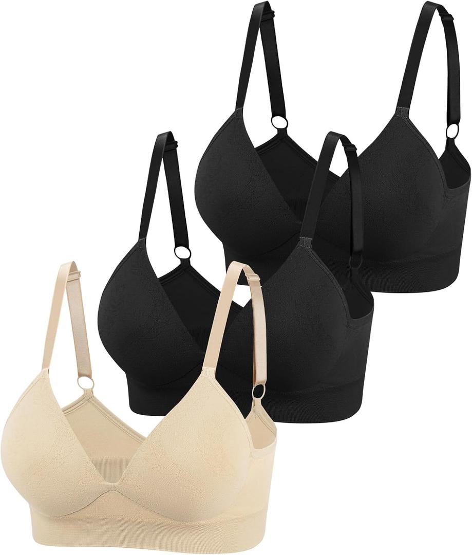 Eleplus 3 Pieces Deep V Wireless Bras for Women Seamless Comfy Bralettes Lightly Lined Multicolors Pack (X-Large, Black+black+beige) Eleplus 3 Pieces Deep V Wireless Bras for Women Seamless Comfy Bralettes Lightly Lined Multicolors Pack (X-Large, Black+black+beige)
