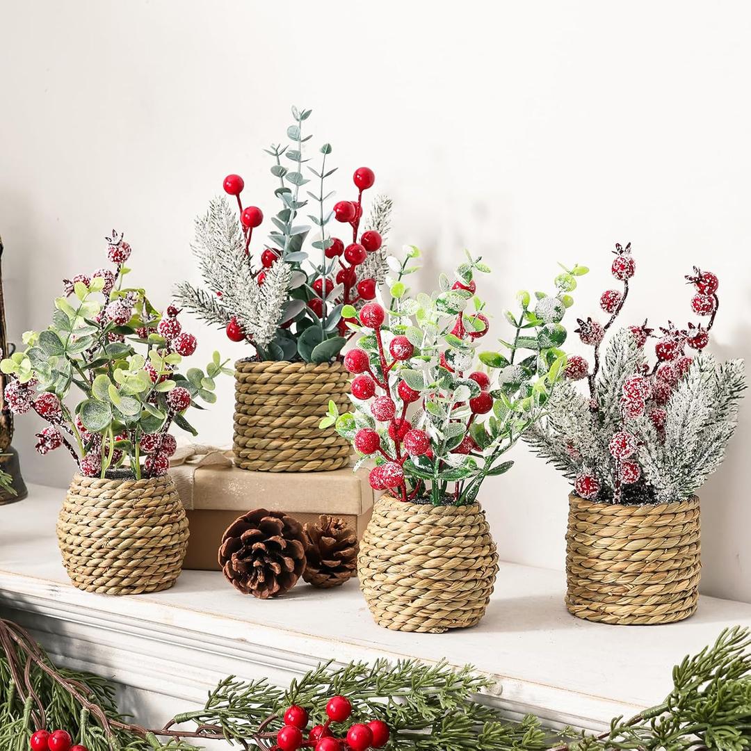 4 Pack Christmas Table Decorations, 9" Small Christmas Tree with Pine Cone Berry, Rustic Handcrafted Straw Weaving Pot Artificial Tree Tabletop Centerpieces for Home Indoor Fireplace Mantel Xmas Decor