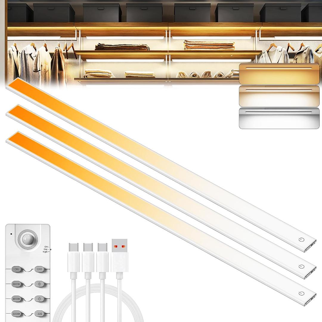 276 LED Under Cabinet Lights Wireless with Full Lighting,Rechargeable Closet Lights with Remote and Motion Sensor Indoor,Under Counter Light with CCT and Dimmable for Kitchen,Stair(3 Pack,31.5inch), 80CM