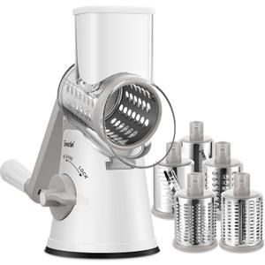Geedel Rotary Cheese Grater Cheese Shredder with 5 Interchangeable Blades - Upgraded Rotary Grater Featuring Strong Suction Base for Cheese Shredding, Wavy Slicing, Nut Grinding, and Ice Shaving (White)