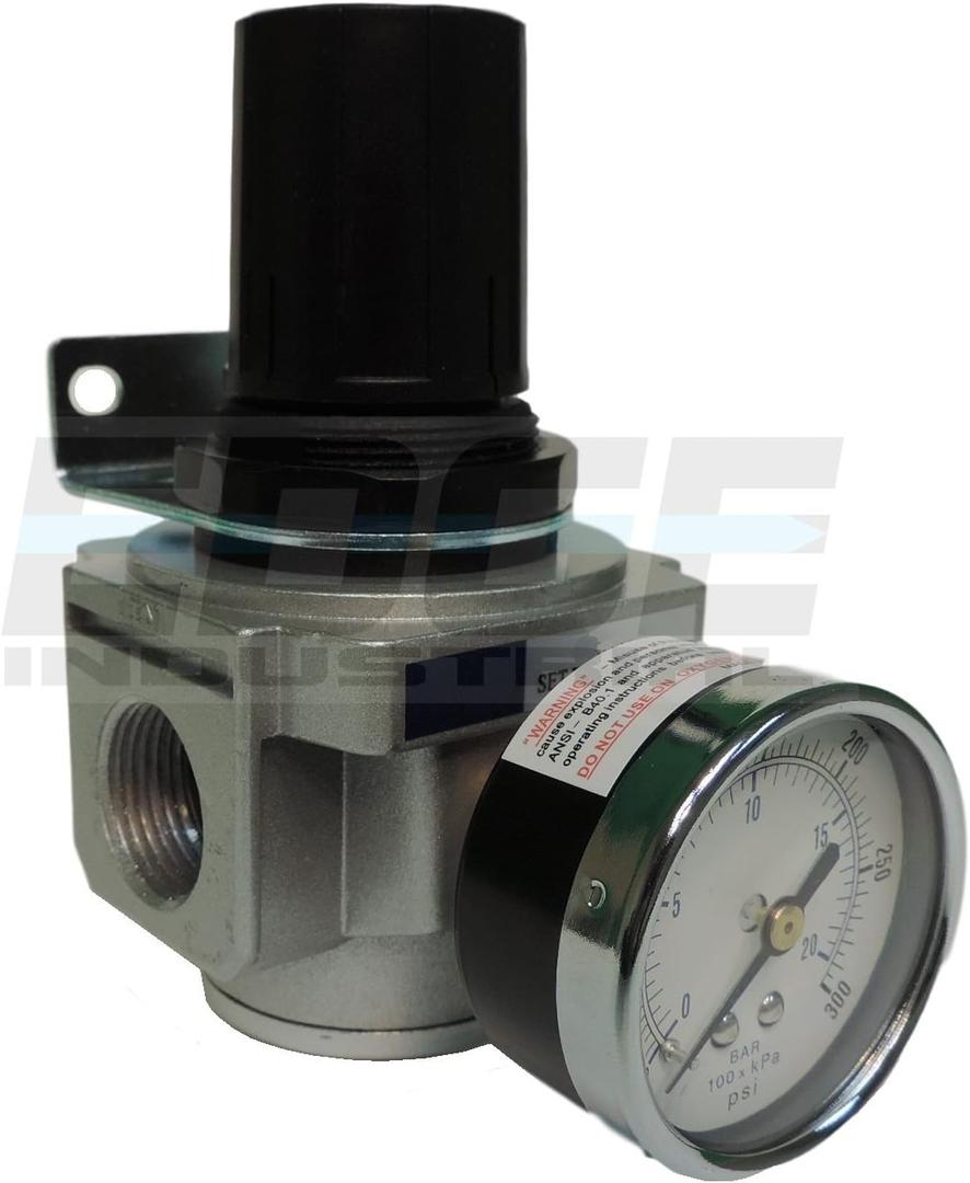 HEAVY DUTY IN-LINE COMPRESSED AIR PRESSURE REGULATOR FOR AIR COMPRESSOR, 7 TO 215 PSI ADJUSTABLE, HIGH FLOW RATE, WALL BRACKET AND GAUGE INCLUDED (3/4" NPT, 140 CFM)