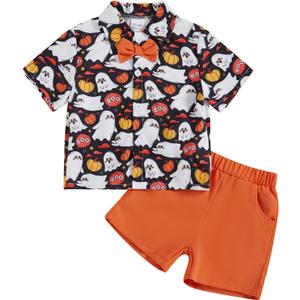 Rtnnsbbfcm Toddler Baby Boy Halloween Outfit Short Sleeve Bow Tie Pumpkin Ghost Button Down Shirt Top Shorts 2Pcs Set