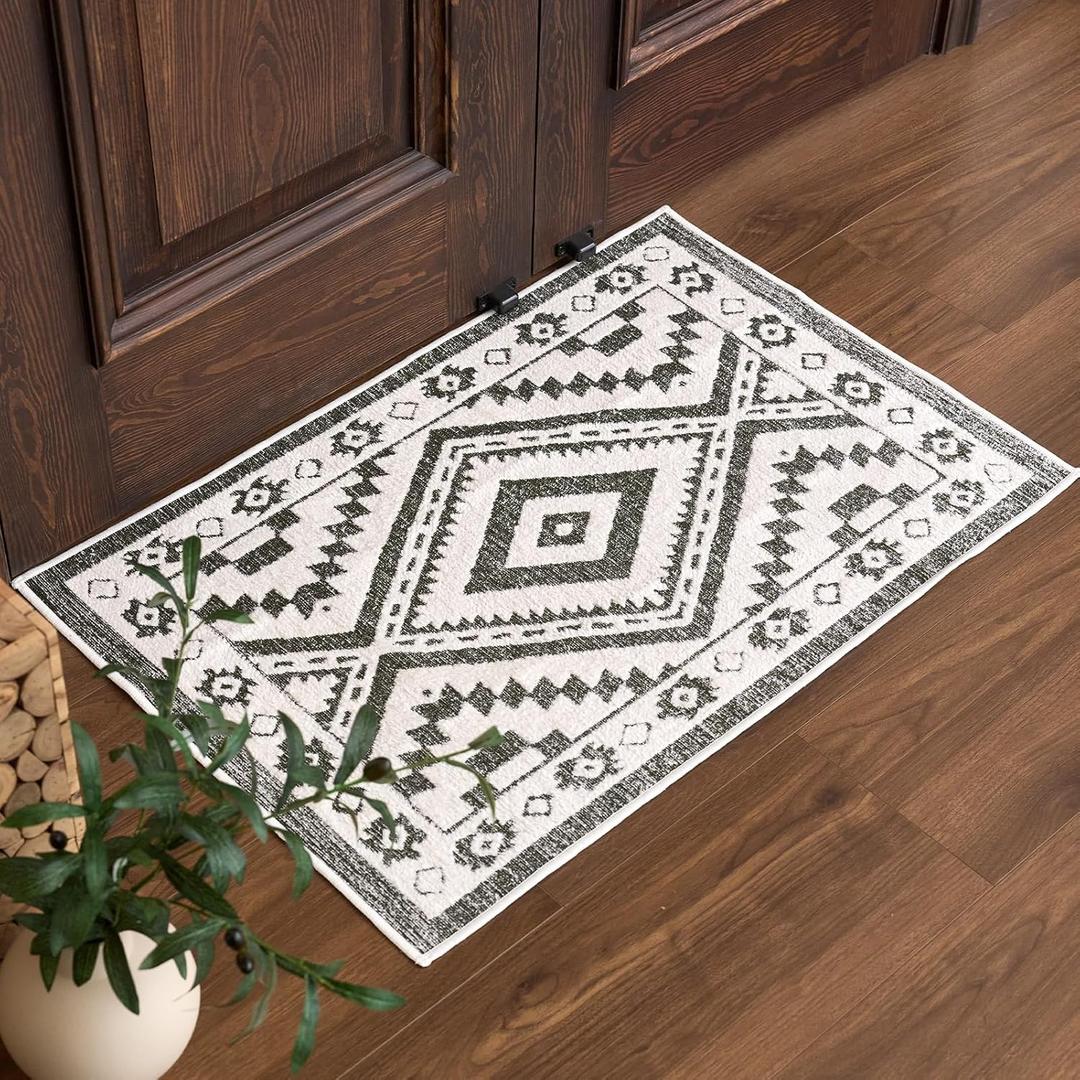 Moroccan Washable Entryway Rug 2x3, Geometric Woven Area Rug, Non-Slip Boho Accent Soft Low-Pile Front Door Mat Indoor Entrance, Small Throw Rug for Bathroom Front Porch, Olive Green/White