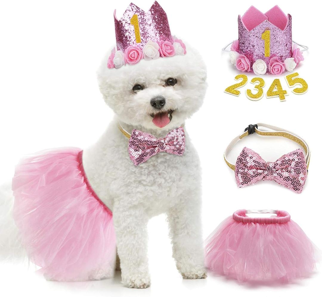 Legendog Dog Tutu Skirt, Birthday Party Supplies - Hat - Bowtie, Cute Pink Outfit for Small Dogs, Girl Dresses