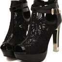 getmorebeauty Women's Pretty Lace Flowers Open Toes High Heels Ankle Boots (9, Black)