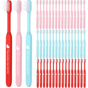 Willinglong 48 Pcs Toothbrushes Bulk Individually Wrapped, Pink Toothbrush Blue and Pink Cute Design
