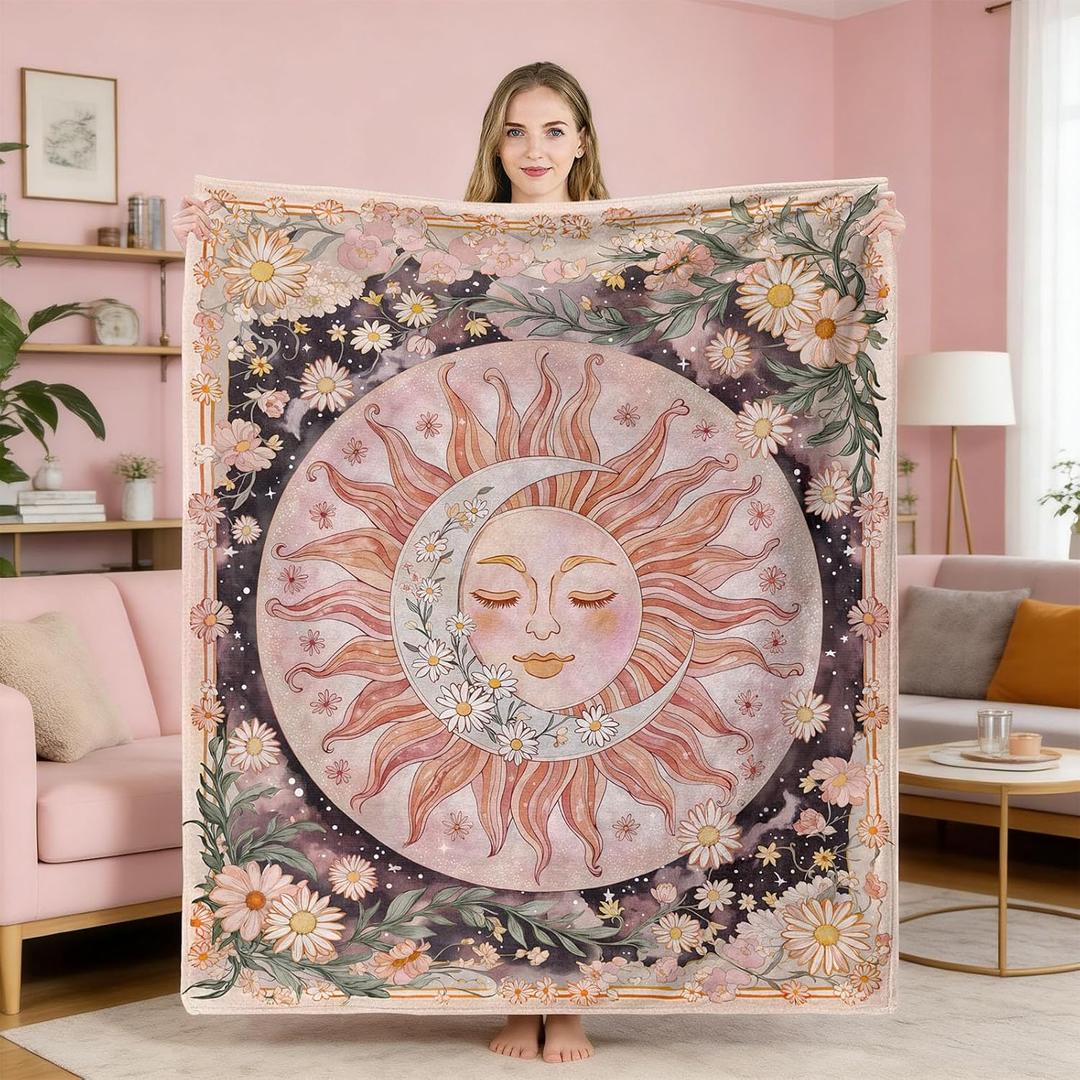 Neasow Sun Moon Daisy Throw Blanket, Boho Aesthetic Floral Blanket, Super Soft Pink Bohemian Decor for Couch Dorm Sofa Room, 5060 inch