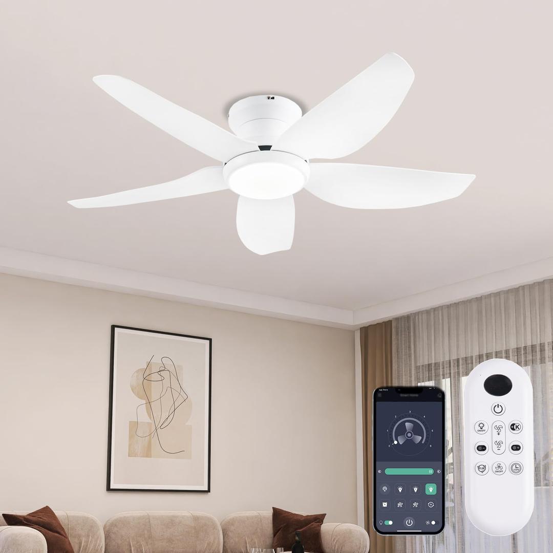 Ceiling Fans with Lights, 43 Inch Low Profile Ceiling Fan with Light and Remote/App Control, Flush Mount, Reversible DC Motor, 3CCT, Dimmable, Noiseless, White Ceiling Fan for Indoor/Outdoor Use