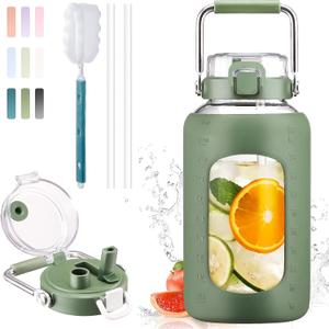 BLUEGO 84oz Water Bottle Glass with Stainless Steel Handle Large Water Bottle with Time Markers and Silicone Sleeve Half Gallon Water Jug BPA Free for Gym Daily Use, Olive