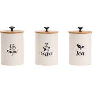3 Pack Kitchen Canisters with Bamboo Lids, Metal Canister Set for the Kitchen Counter, Airtight Coffee Container Tea Organizer & Sugar Canister, Rustic Kitchen Decor Containers-Beige