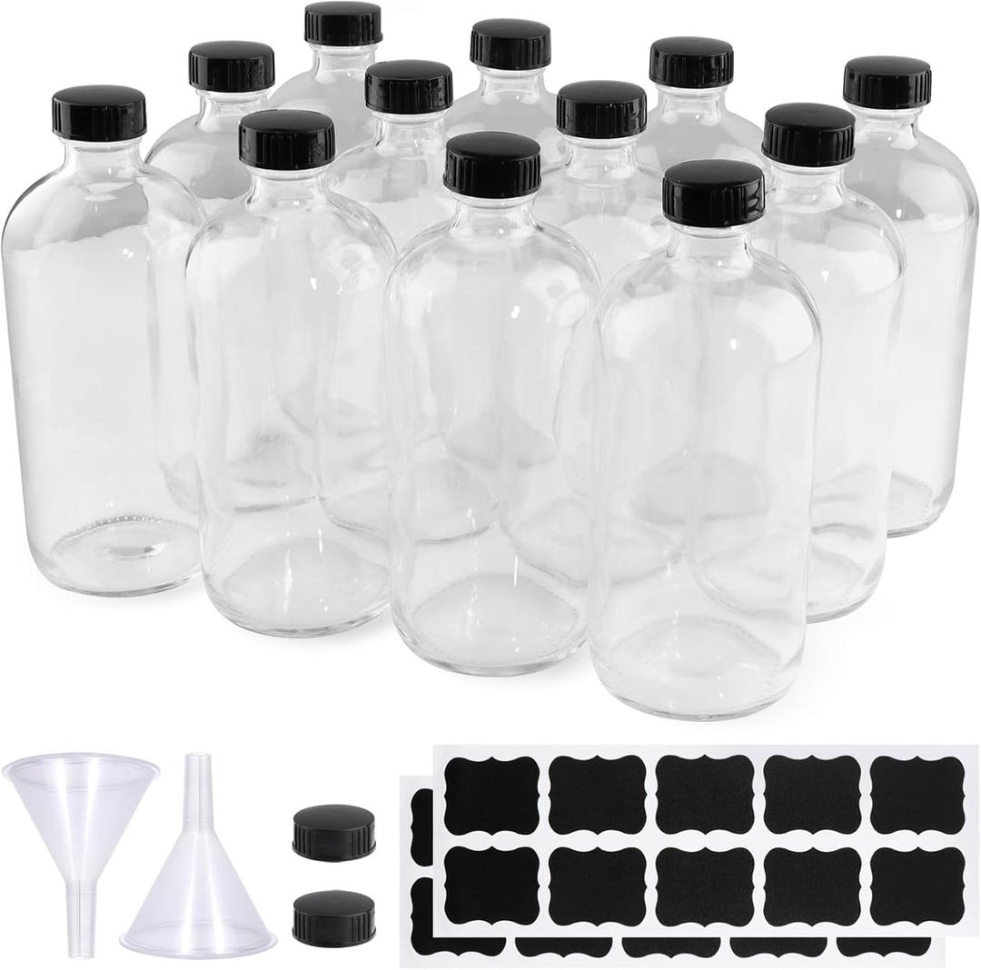 PINIWON 12 Pack 16 oz Clear Glass Bottles, Boston Round Sample Bottles with Black Poly Cone Caps, Labels and Funnels