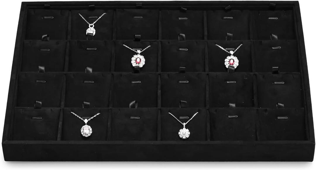 Black Jewelry Necklace Display Tray 24 Grids Pendant Earrings Necklace Organizer Display Showcase Microfiber Jewelry Storage Tray