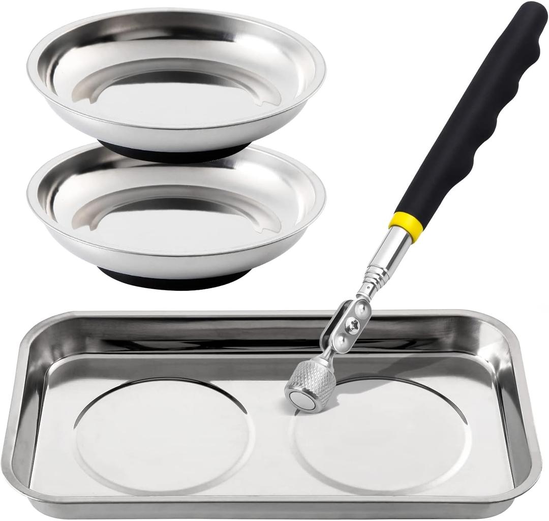 3 Pieces Magnetic Trays with 8LBs Telescoping Magnetic Pick-up Tool Set, 9.5" Rectangle, 2 Pieces 4" Stainless Steel Magnet Parts Tray for Screws, Sockets, Bolts, Mechanic's