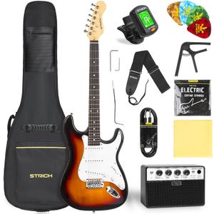 STRICH Electric Guitar Beginner Kit, Solid Body 39" Full Size Electric Guitar SSS Pick Up for Starter, with 5W x 2 Amp, Bag, Digital Tuner, Capo, Strap, String,Cable, Picks, SST-S10 Sunburst