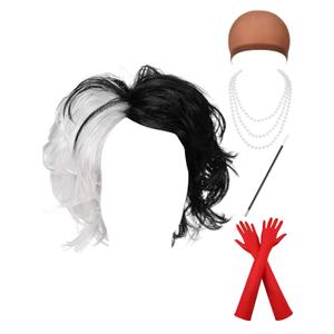 WILLBOND Halloween Lady Costume Wig Set Half Black and White Wig Faux Pearl Necklace (Style 2)