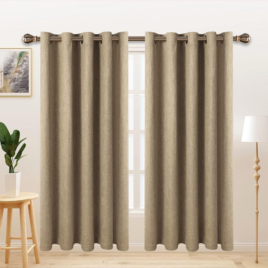 LORDTEX Linen Look Textured Blackout Curtains with Thermal Insulated Liner - Heavy Thick Grommet Window Drapes for Bedroom, 70 x 63 Inches, Tan, Set of 2 Panels