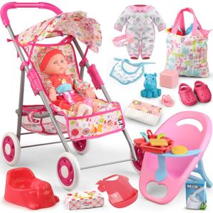 Baby Doll Stroller Set Toys for Girls Toddlers 3-5 4-6 Gifts,Baby Doll Set with 12.5 inch Doll,1 Baby Dining Chair,20 PCS Baby Doll Accessories and 2 Sets Doll Clothes for Realistic Pretend Play