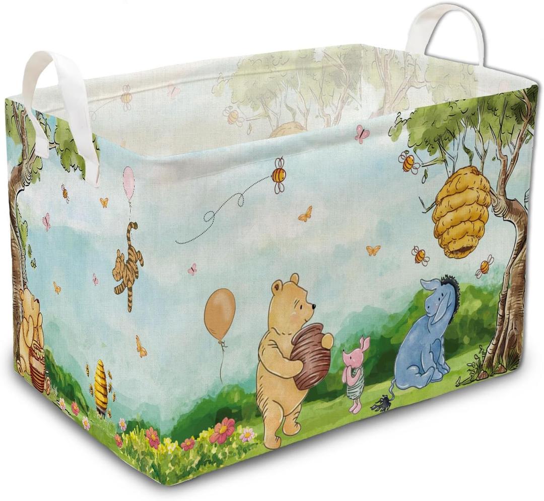 the Pooh Nursery Hampers with Handles, Classic Winnie Baby Stuff Storage Basket, Winnie Baby Nursery Hamper Decor, Foldable and Waterproof for Bathroom and Bedroom Clothes,Toys Bin