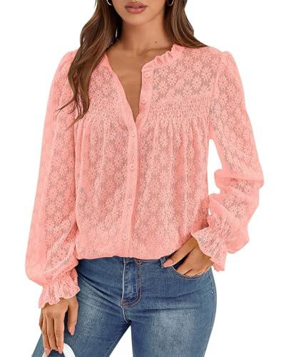 PRETTYGARDEN Lace Long Sleeve Shirts Casual Button Down Going Out Tops Hollow Out Eyelet Blouses 2026 Spring Fashion Clothing (Pink,Small)