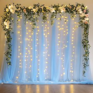 Fomcet Baby Blue Tulle Backdrop Curtains with Lights String 10FT X 8FT Sheer Curtain with Lights Tulle Curtains Backdrop for Wedding Birthday Party Photo Shoot (2 Panels 5x8FT)
